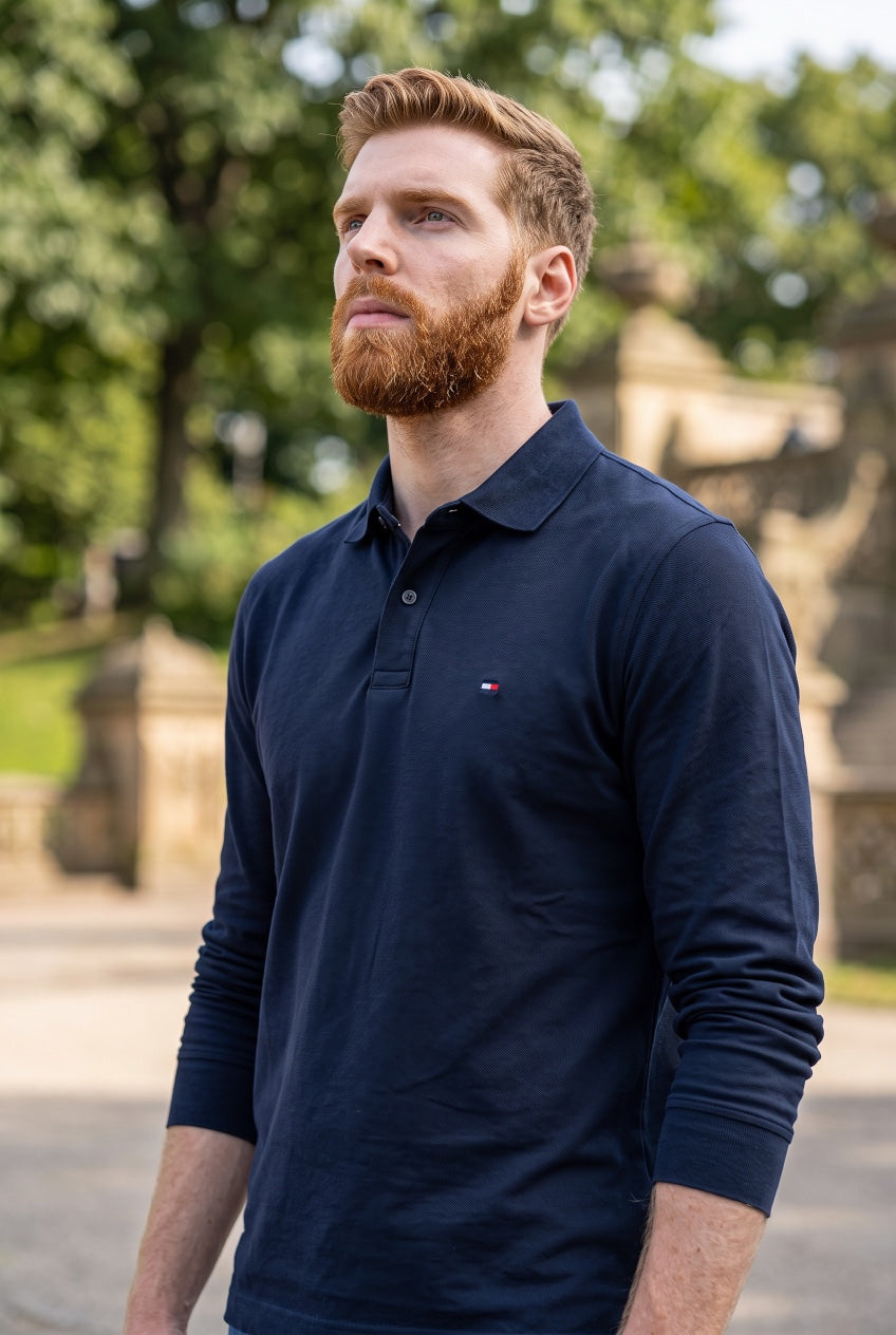 TOMMY HILFIGER  LONG SLEEVE NAVY LIQUID COTTON  REG POLO