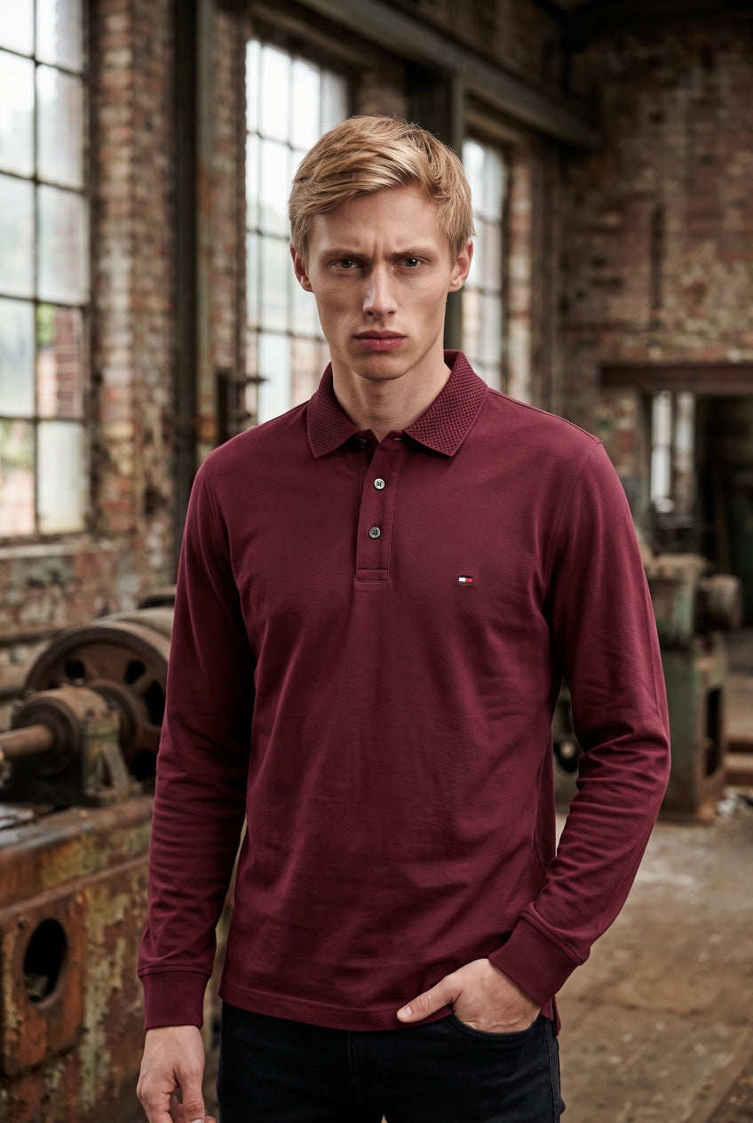 TOMMY HILFIGER  LS BURGUNDY PIQUE COLLAR INT REG POLO