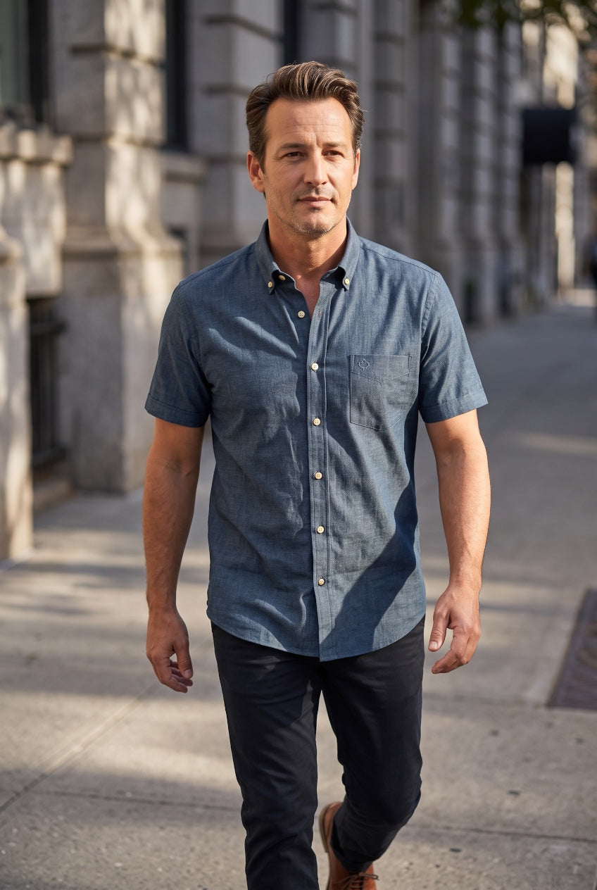 LUCCIANO NAVY COTTON  SHORT SLEEVE SHIRT