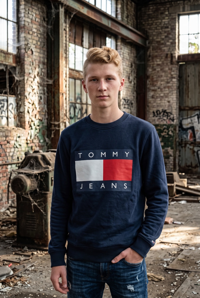 Navy crewneck sweatshirt with TOMMY JEANS flag logo on chest