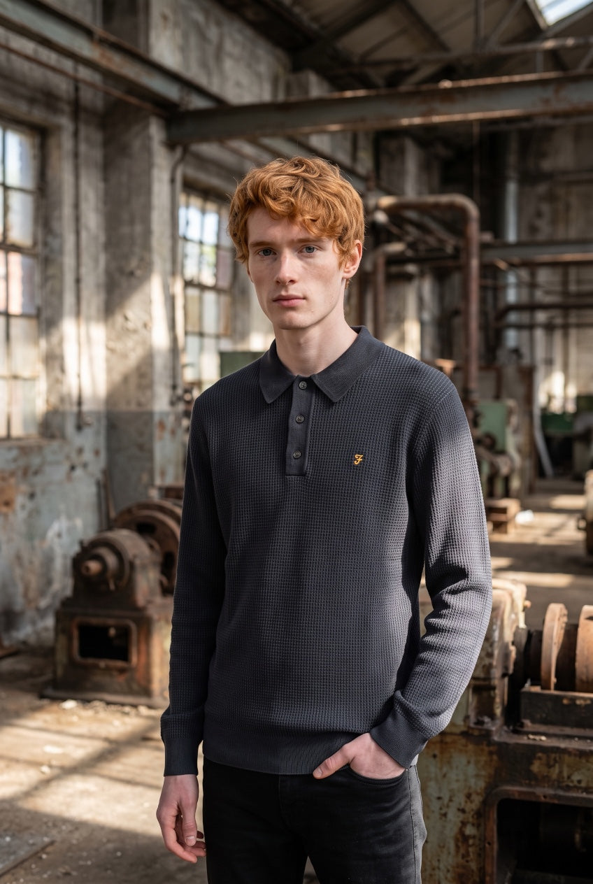 FARAH NAVY LS GATEACRE KNIT POLO