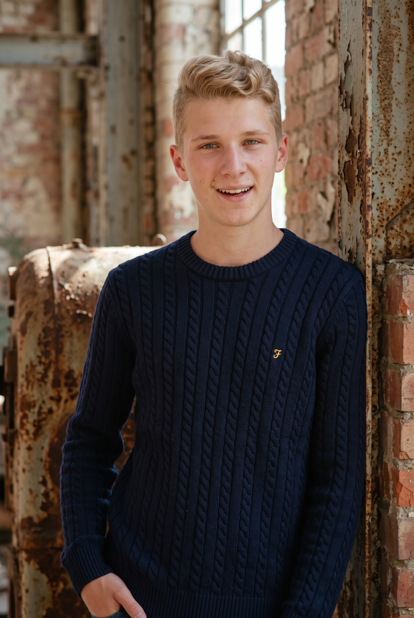 FARAH NAVY KNIGHT CABLE SWEATER