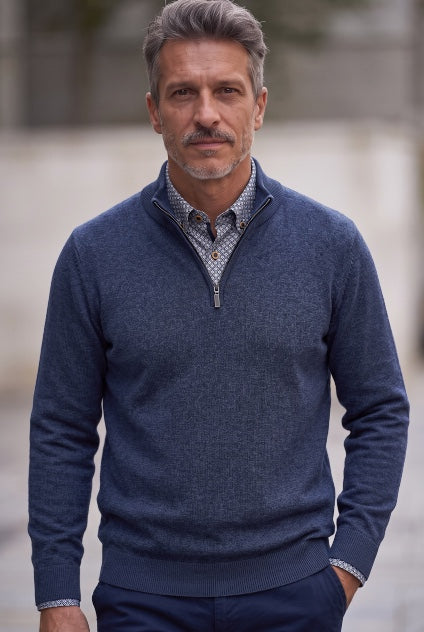 BUGATTI Nigel 1/2-zip sweater, dark blue knit with short stand collar
