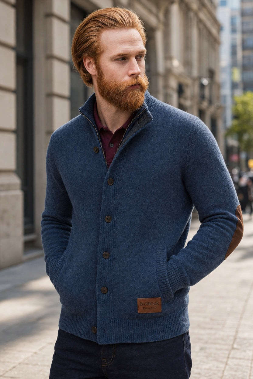 Barbour indigo blue knitted button-front cardigan with patch hem detail