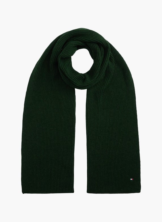 TOMMY HILFIGER green cotton scarf with small flag logo, ribbed knit, fringeless