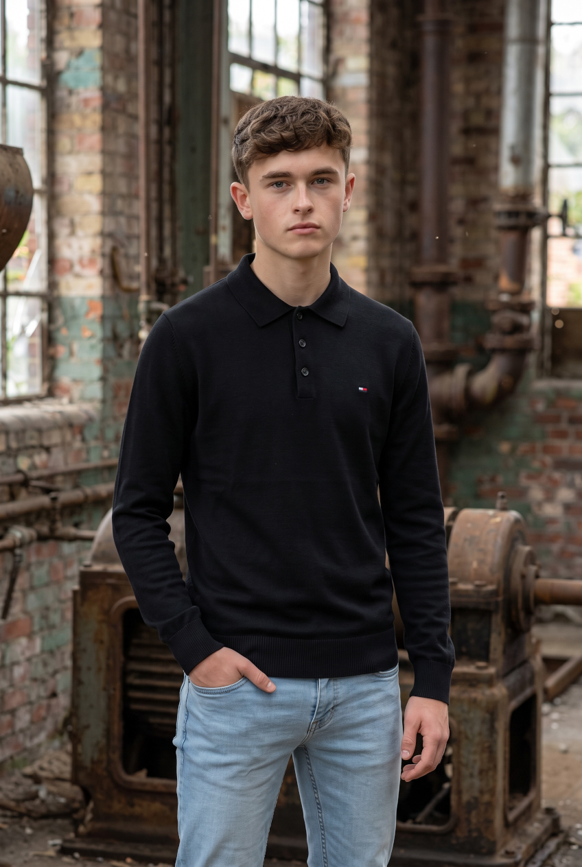 TOMMY JEANS black slim-fit polo sweater with button placket and chest logo, long sleeves