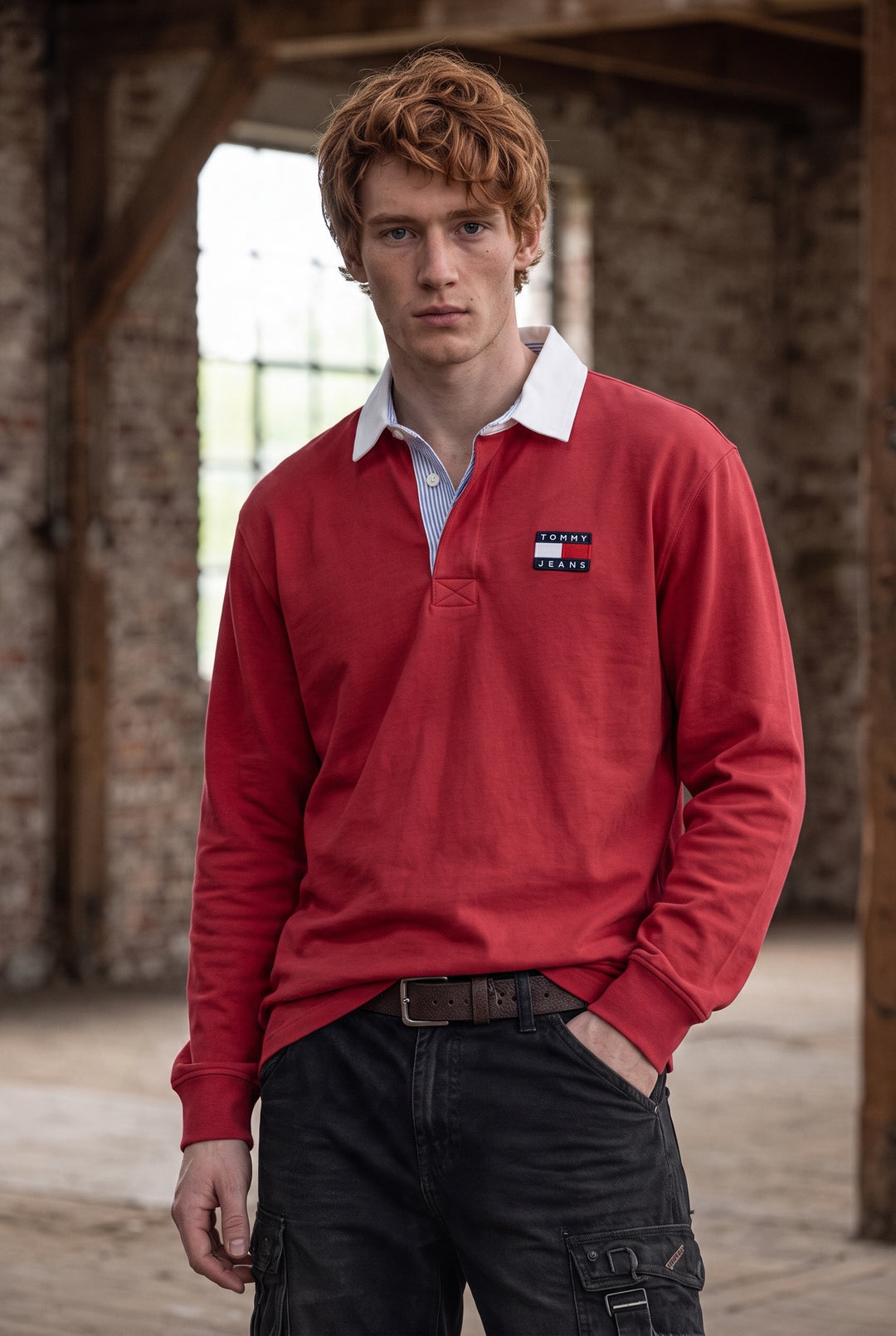 Tommy Jeans red rugby shirt with white collar, button placket and chest badge
