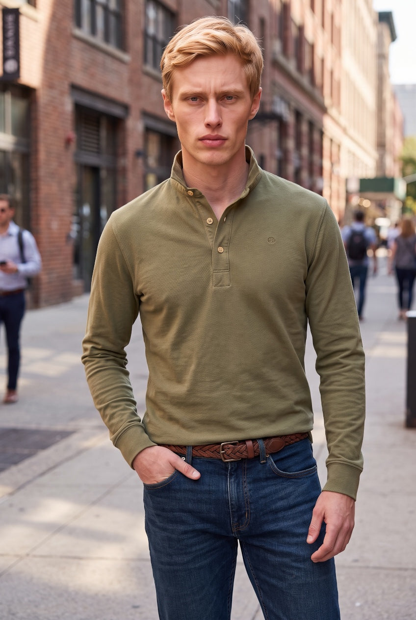 Sage green rugby top with buttoned collar and long sleeves