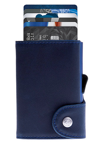 C-SECURE blue wallet with snap button and card slots, slim folio style