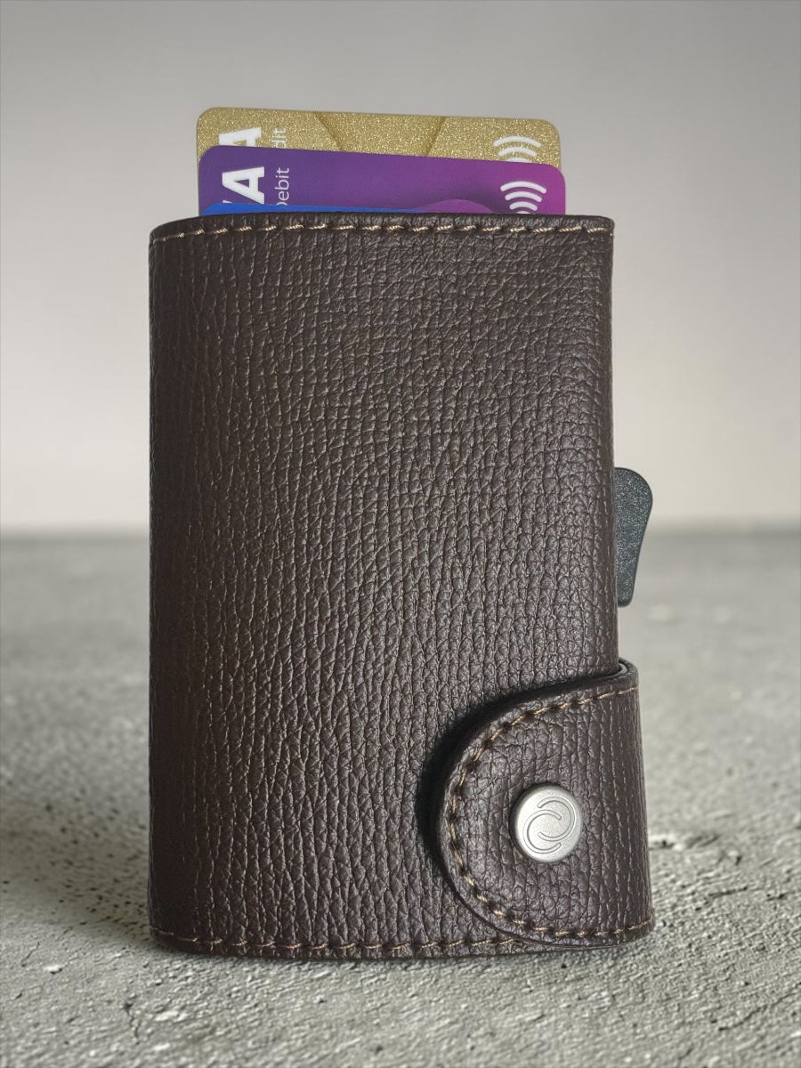 C-SECURE tobacco leather wallet, dark brown textured leather, snap front tab detail