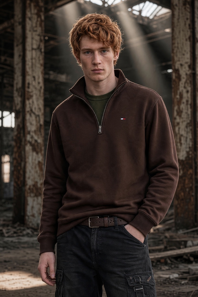 TOMMY JEANS BROWN 1/4 ZIP SWEAT