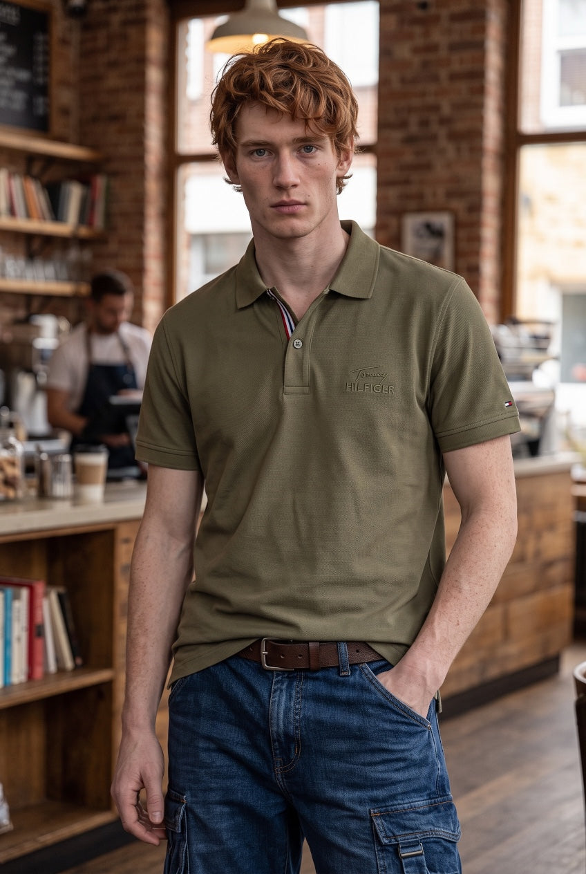 Olive green pique polo shirt with button collar and small chest logo