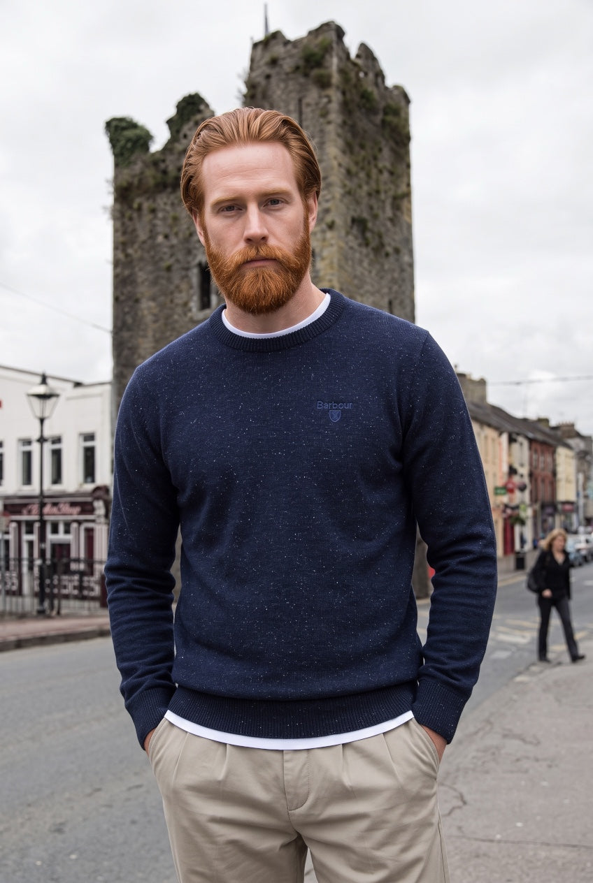 Navy crew-neck sweater with ribbed hem and cuffs