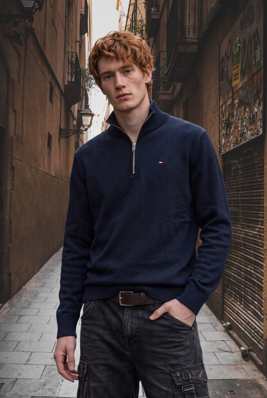 TOMMY JEANS men's dark blue slim quarter-zip fleece pullover with zipper chest logo