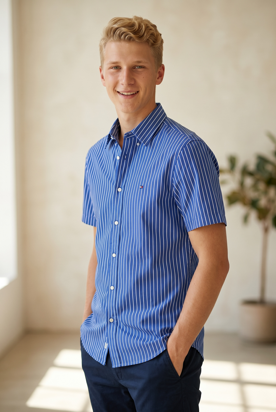 TOMMY HILFIGER FLEX POPLIN STRIPE SHORT SLEEVE SHIRT